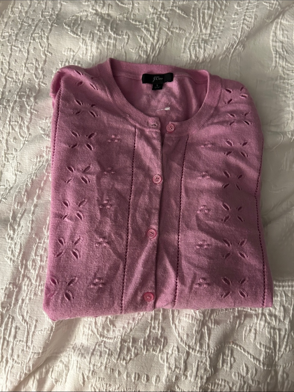 J. Crew Pink Eyelet Knit Button Cardigan